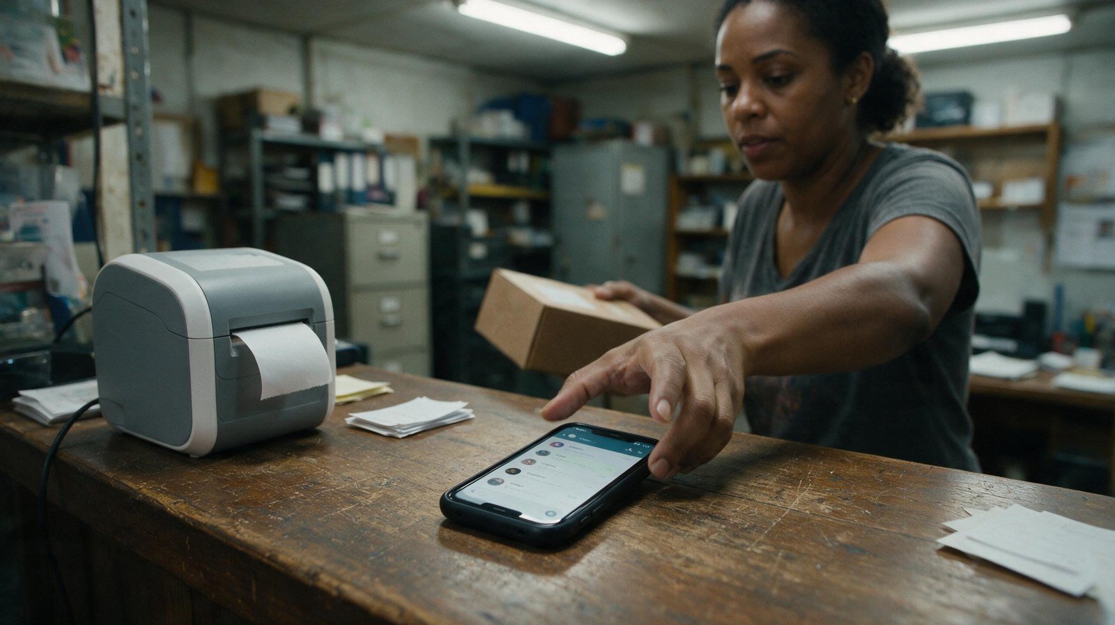 Celular com mensagens não lidas sobre o balcão de uma pequena empresa — atendimento de leads no WhatsApp