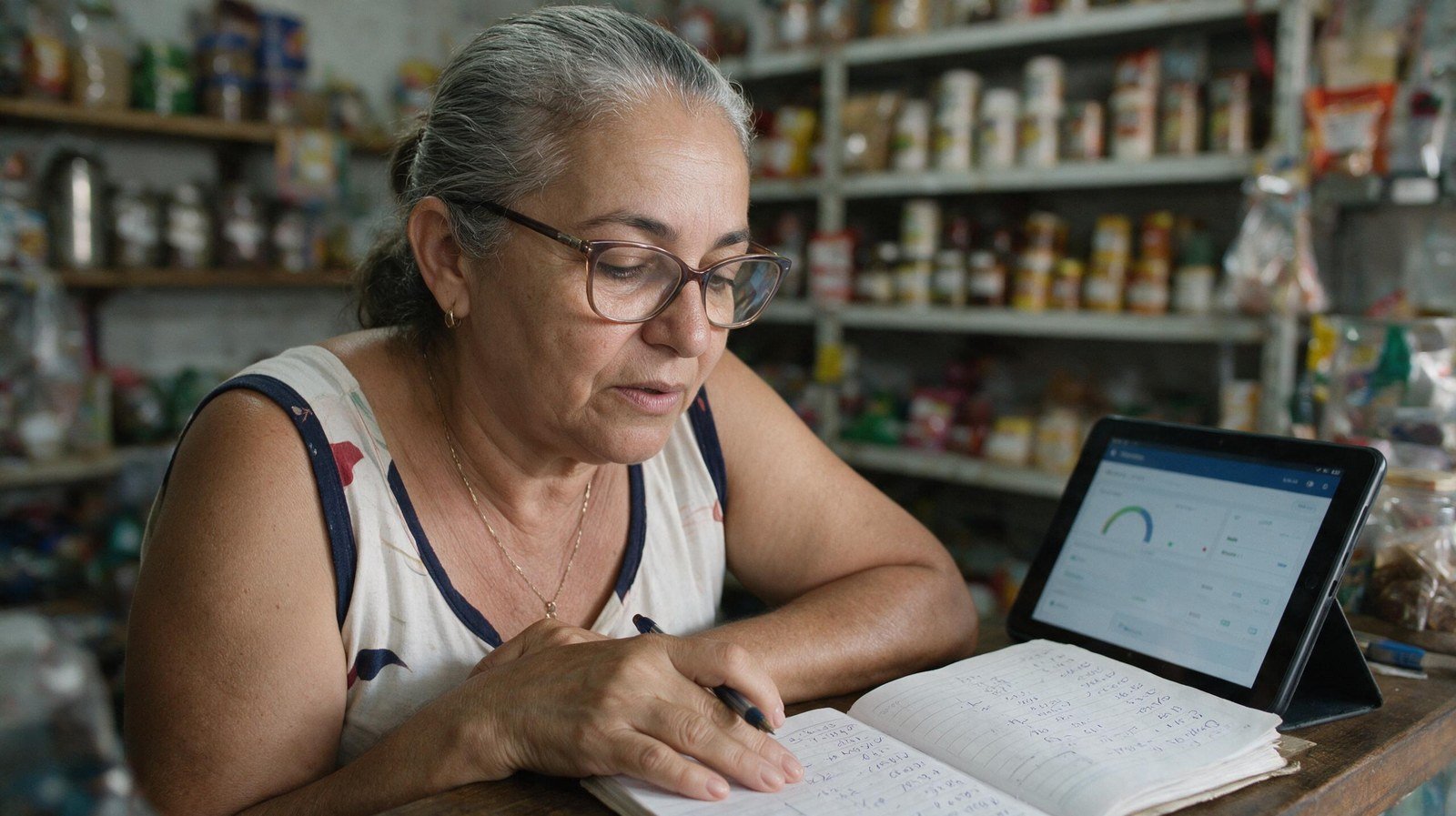 Dona de pequena empresa no balcão com caderno de pedidos e tablet — tráfego pago para pequenas empresas