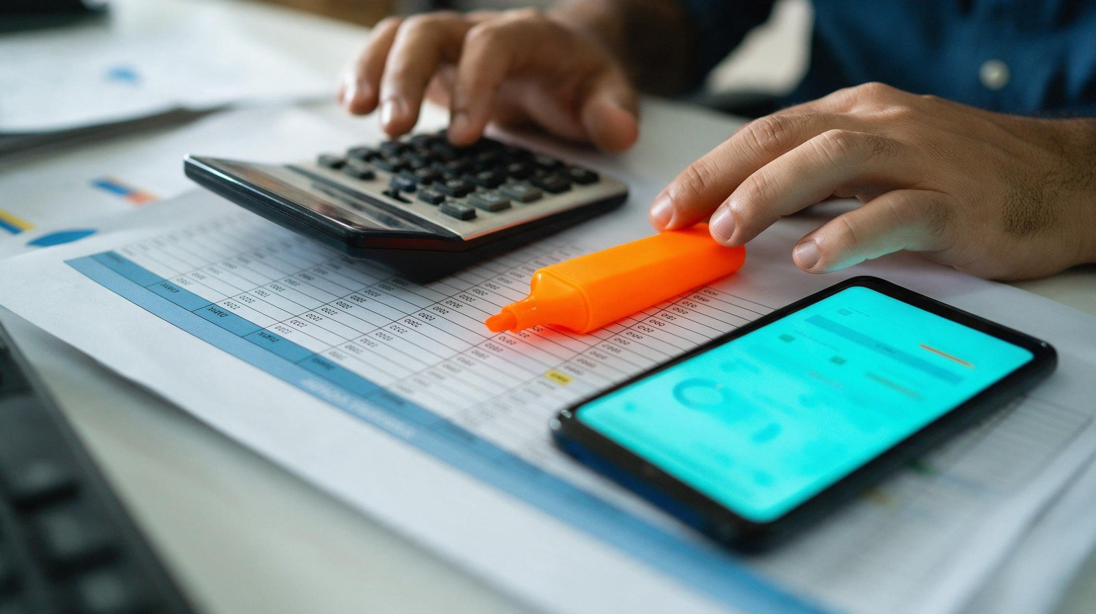 Dono de empresa calculando verba de tráfego pago com calculadora, planilha de metas e celular com painel de anúncios