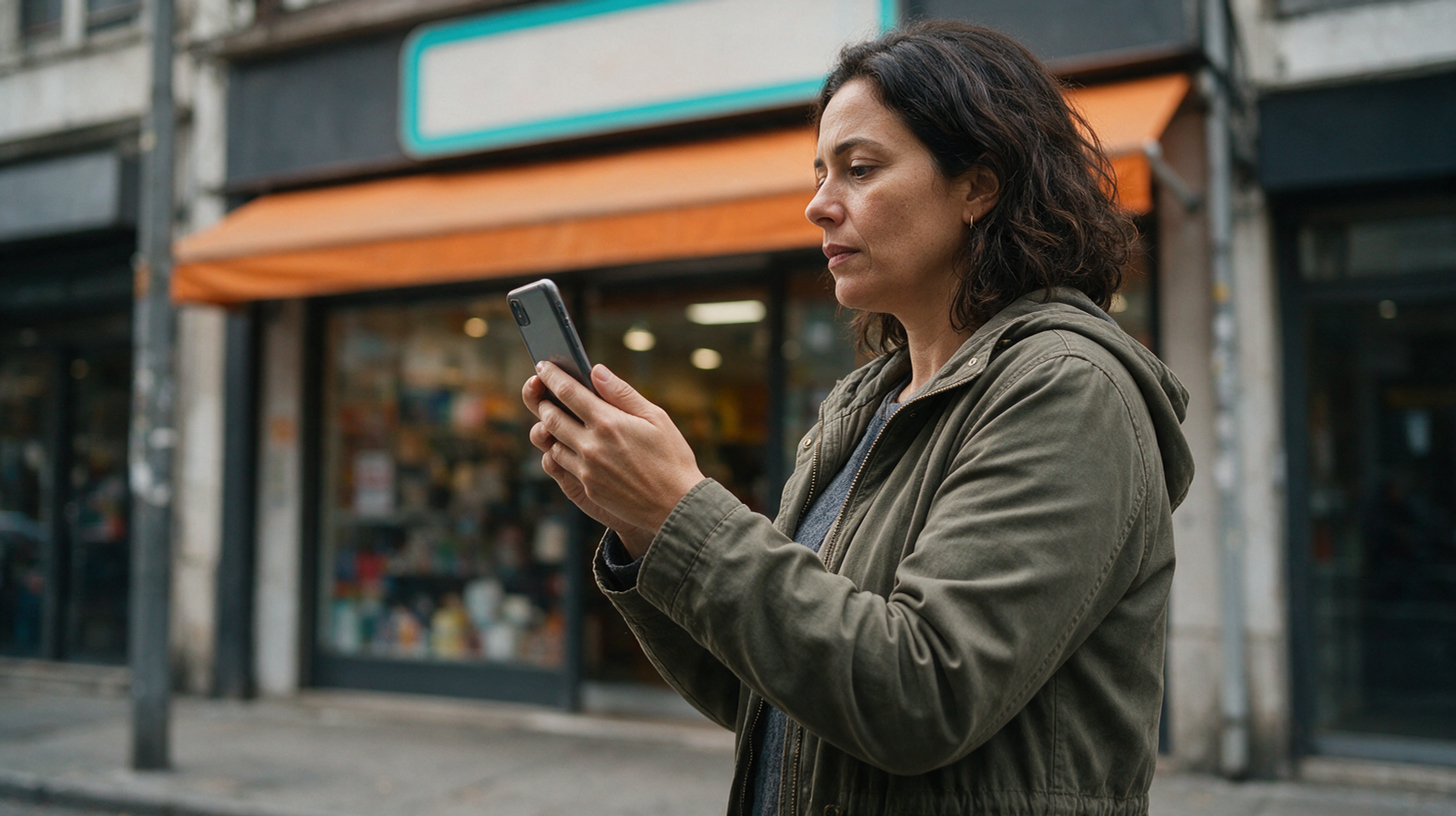 Cliente conferindo o perfil da empresa no Google pelo celular em frente à loja